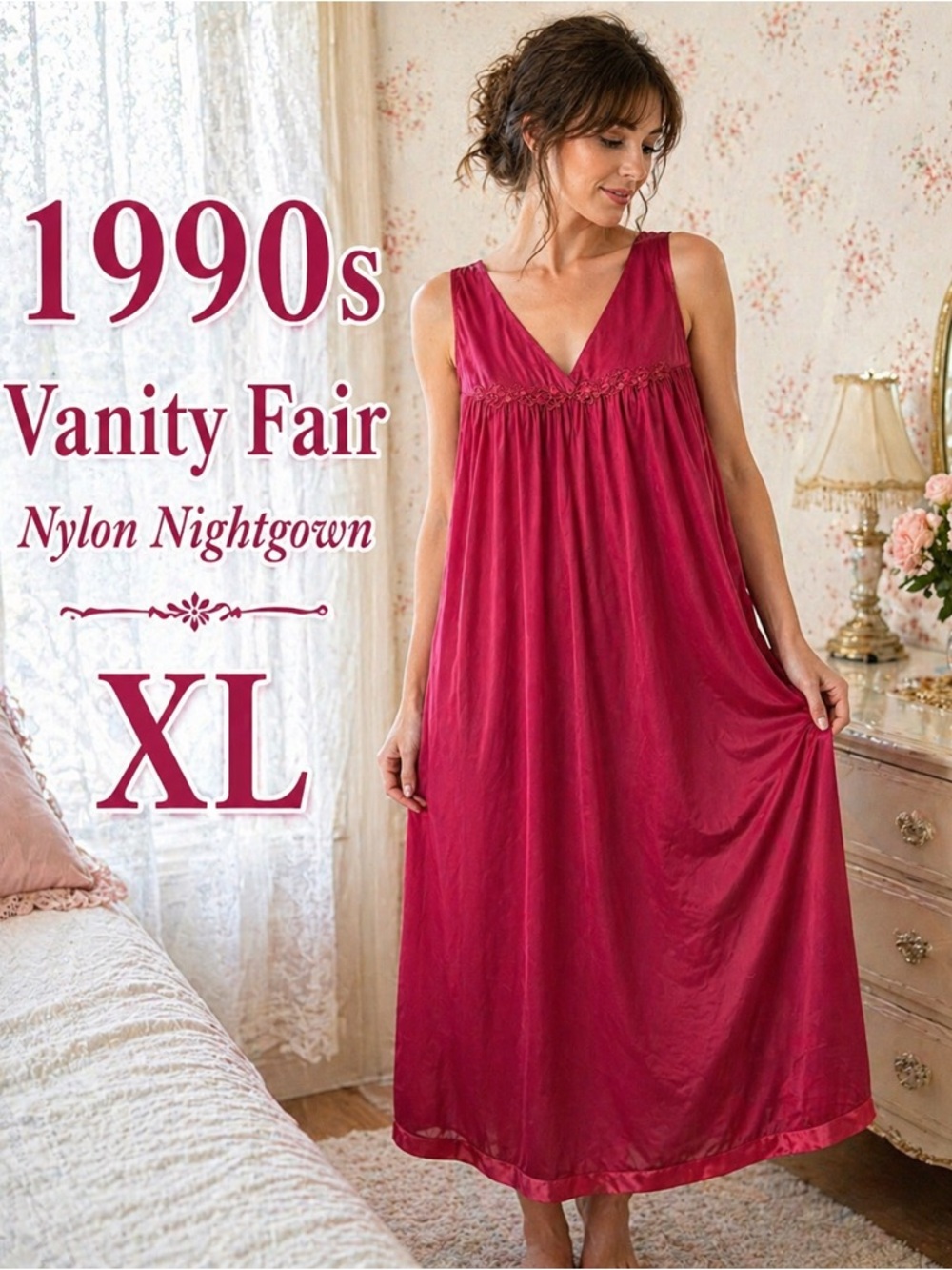 Vintage 1990s Vanity Fair Red Nylon Nightgown XL Lace Trim